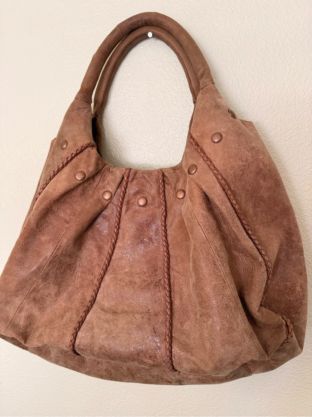 Soft Brown Suede Hobo Handbag with Braided Trim